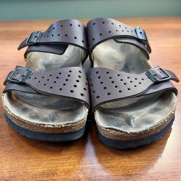 Birkenstocks Birki's Freeport Brown Leather Perforated Strap Sandals Slides Sz 6 - Picture 2 of 16